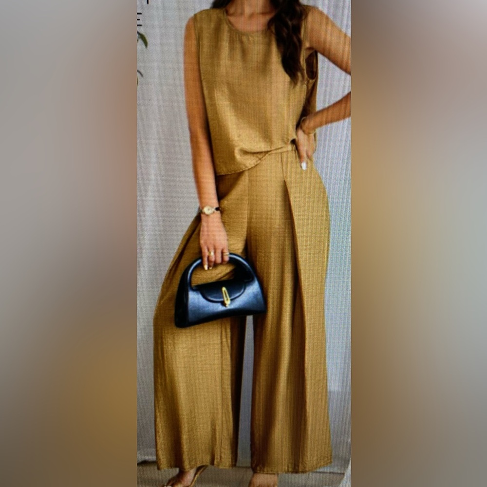Khaki Satin 2-Piece Pant Set